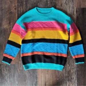 Women's Multicolor Striped Crewneck Knitted Sweater - Turquoise, Pink & Yellow